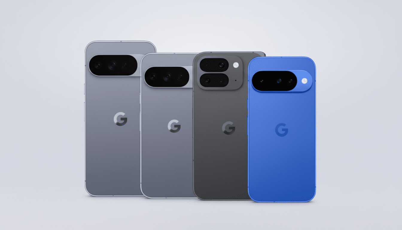 Four Google Pixel phones in various shades of gray and blue, arranged in a row.
