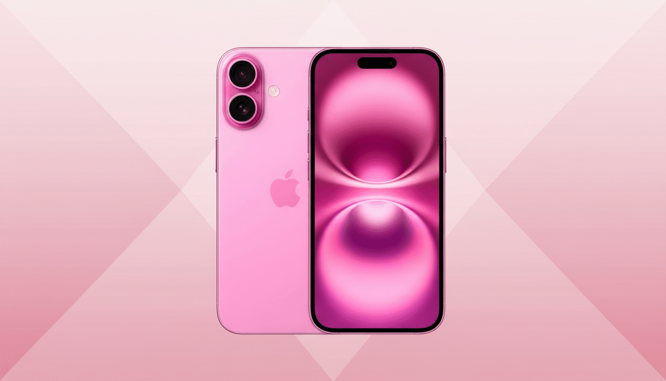 A pink iPhone 15, with its front and back visible, set against a professional 16:9 aspect ratio background with soft pink geometric patterns.