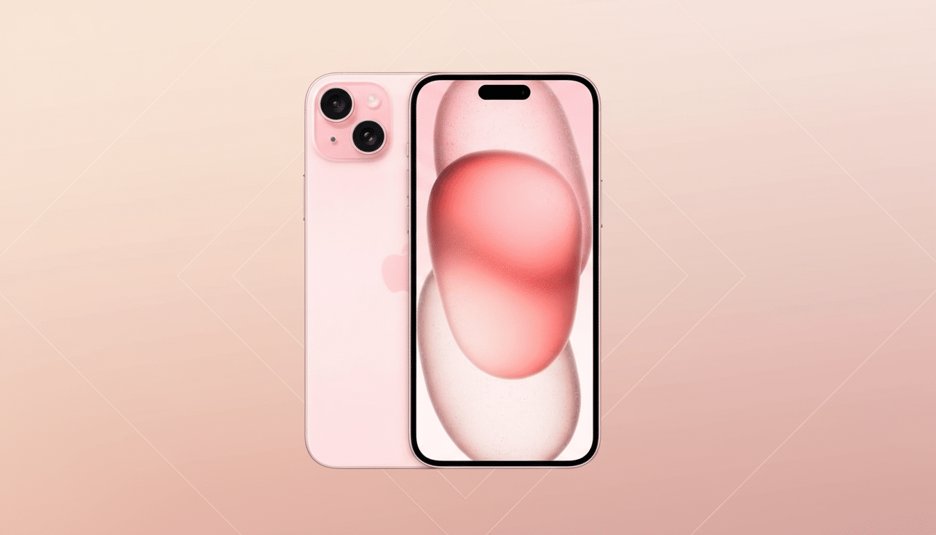 A pink iPhone 15, with its back and screen visible, set against a soft pink background with subtle geometric patterns.