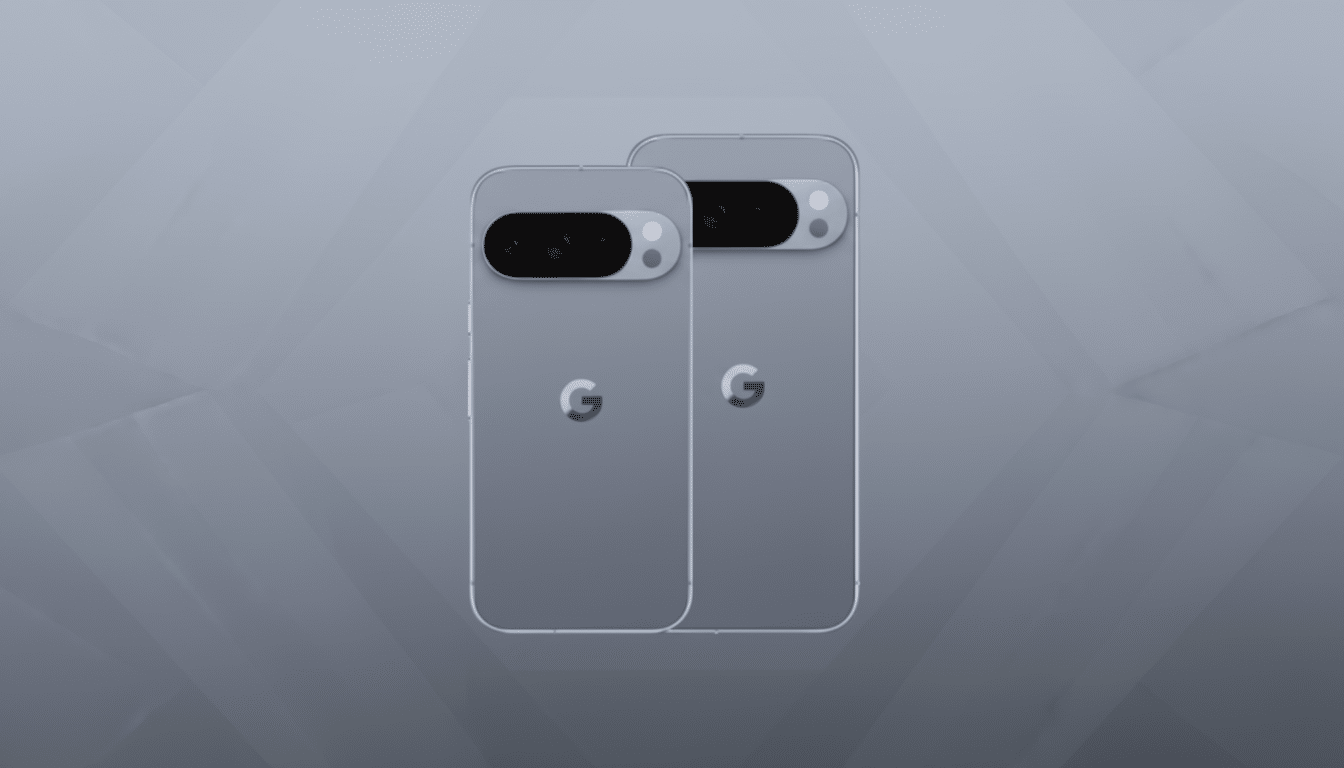 Two gray Google Pixel phones are shown from the back, with the camera bar and Google logo visible, set against a professional gray background with subtle geometric patterns.