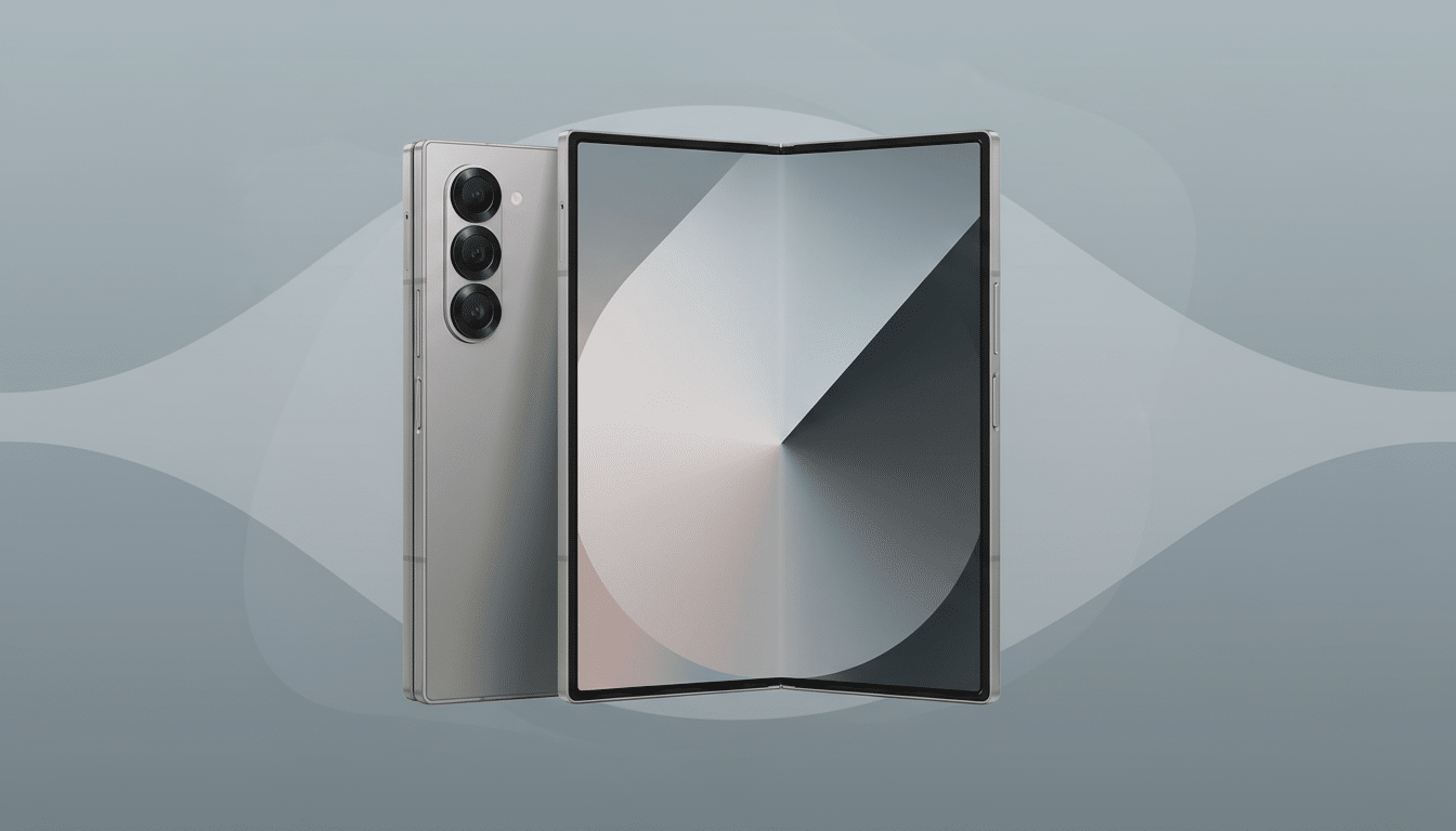 A silver foldable smartphone is displayed against a professional flat design background with soft gray patterns. The phone is shown both from the back, highlighting its camera array, and partially unfolded from the front, revealing a screen with a geometric gradient design.