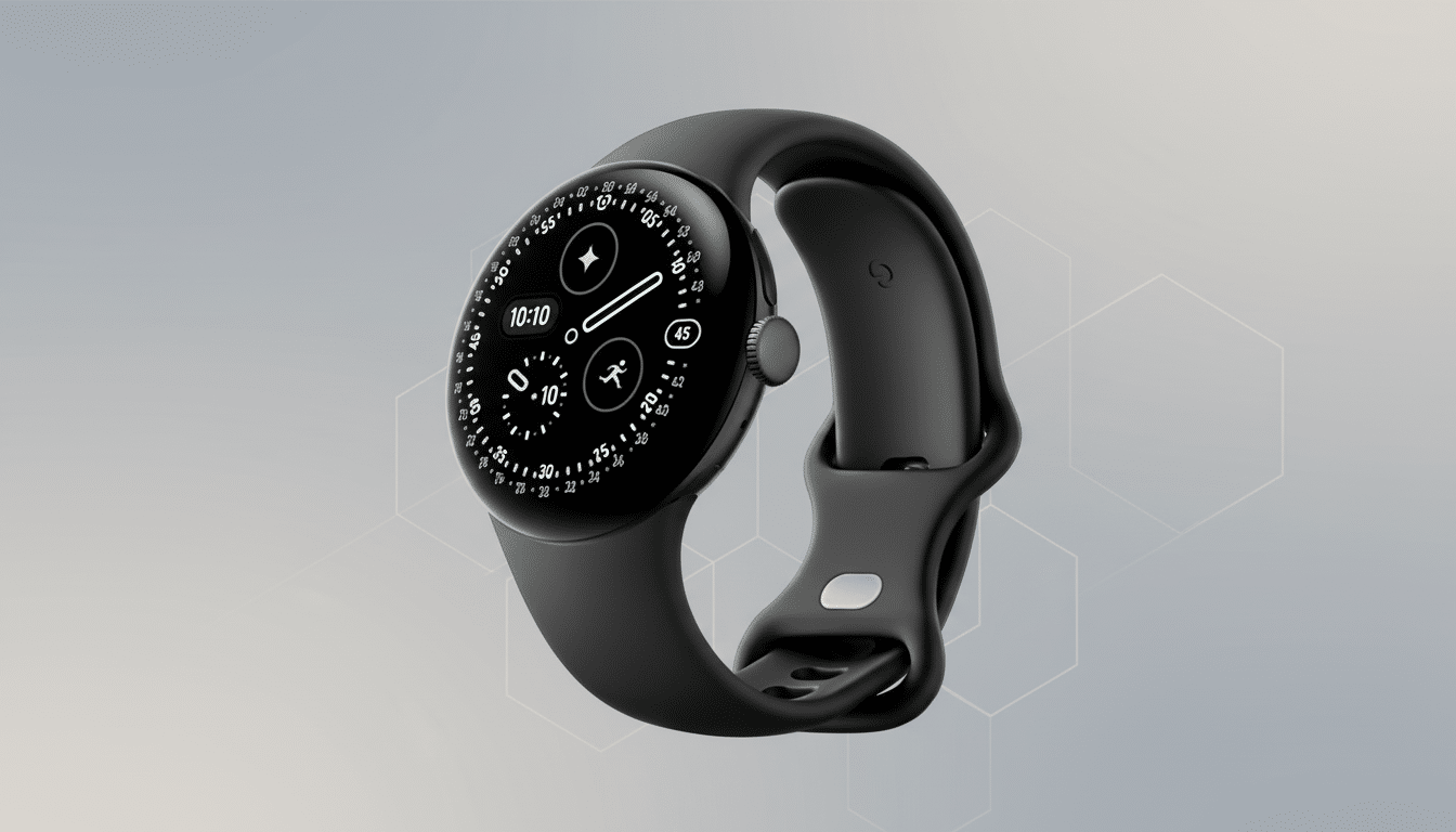 A black smartwatch with a round face and a black band, displaying a digital watch face with various icons and numbers, set against a professional flat design background with soft patterns.