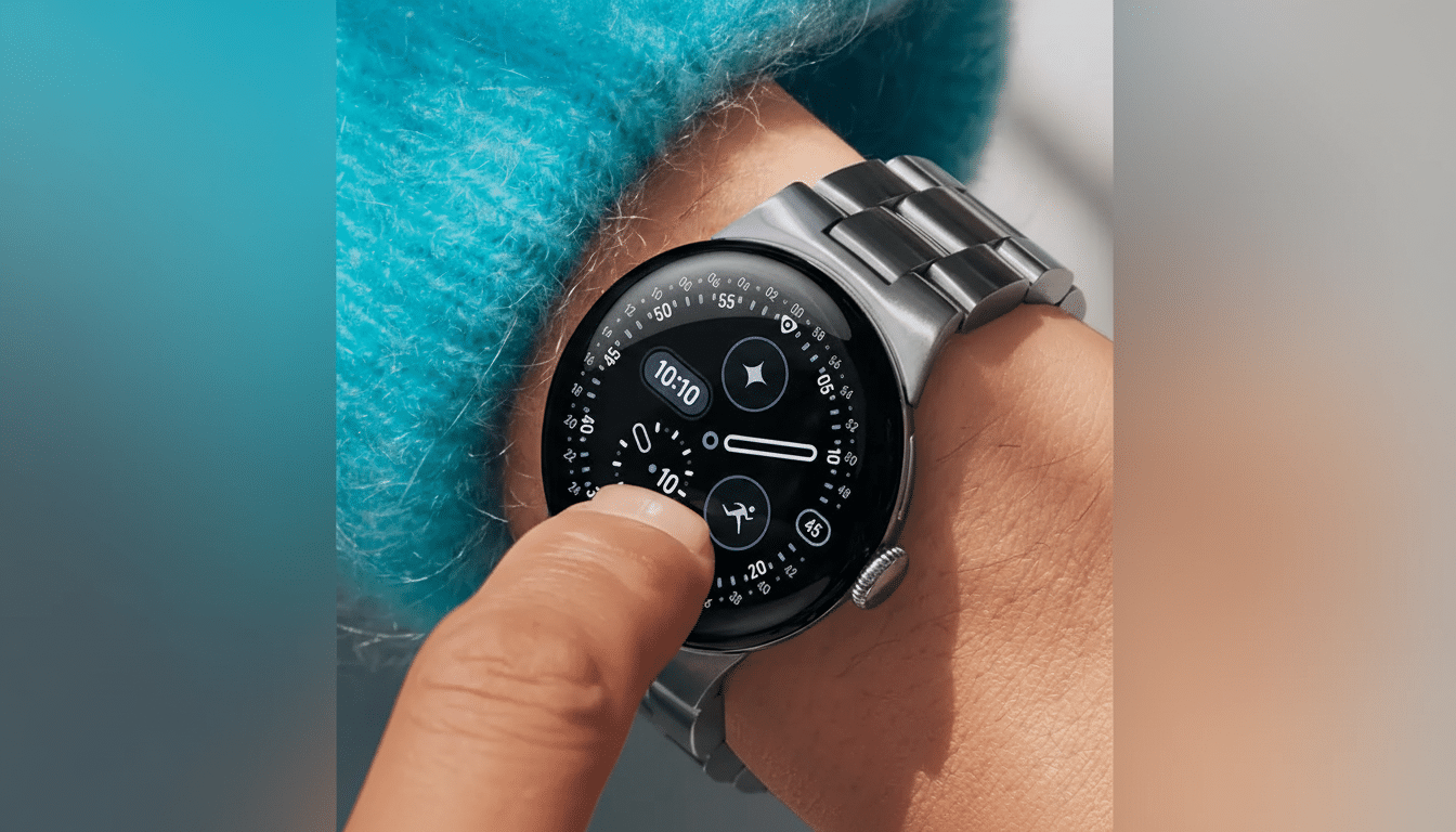 A close-up shot of a persons wrist wearing a silver smartwatch with a black face, displaying various icons and numbers. The persons finger is touching the screen.