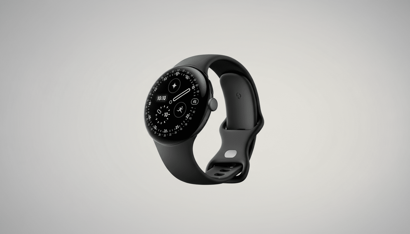 A black Google Pixel Watch with a dark display showing time and fitness icons, presented on a professional flat gray background with a subtle gradient.