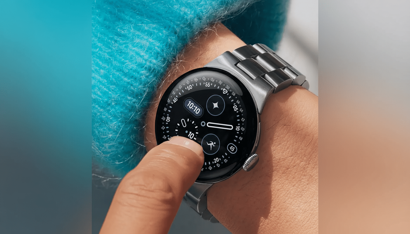 A close-up of a persons wrist wearing a silver smartwatch with a black face, displaying various icons and numbers. The persons finger is touching the screen.