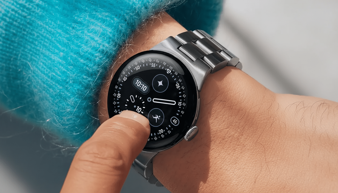 A close-up of a persons wrist wearing a silver smartwatch with a black face, displaying various icons and numbers. The persons finger is touching the screen.