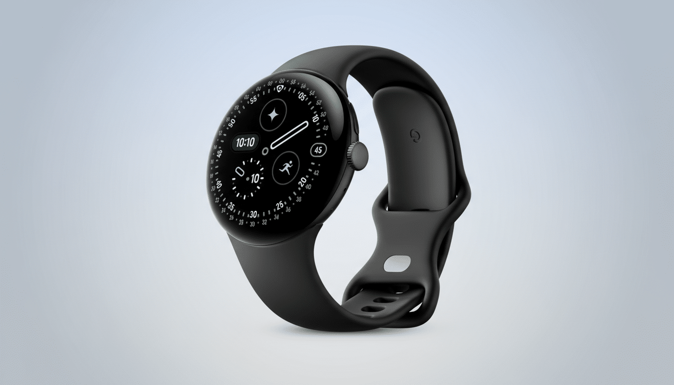 A black Google Pixel Watch with a dark display showing time and fitness icons, presented on a professional light gray gradient background.