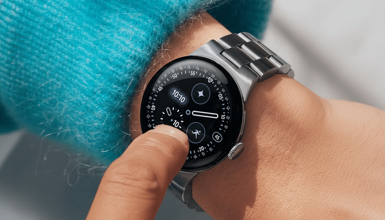 A close-up of a persons wrist wearing a silver smartwatch with a black face, displaying various icons and numbers. The persons finger is touching the screen.