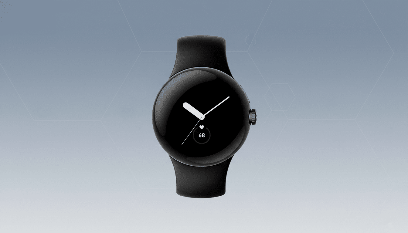 A black smartwatch with a round face displaying a heart rate of 68, set against a professional flat design background with soft patterns and a gradient.