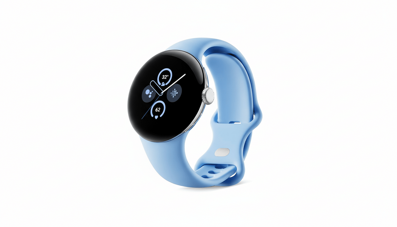 A light blue Google Pixel Watch with a black screen displaying weather and activity icons, set against a clean white background.