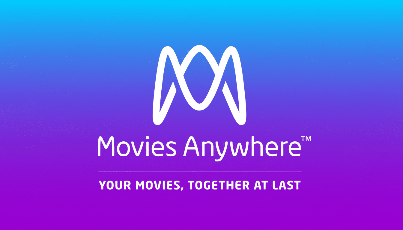 The Movies Anywhere logo and tagline YOUR MOVIES, TOGETHER AT LAST on a blue and purple gradient background, resized to a 16:9 aspect ratio.