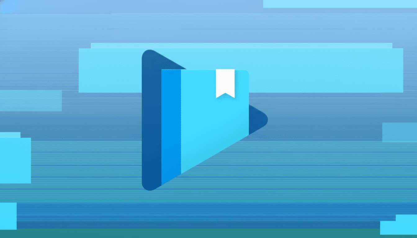 A 16:9 aspect ratio image of the Google Play Books icon, featuring a blue book with a white bookmark, set against a professional flat design background with soft blue gradients and subtle horizontal line patterns.
