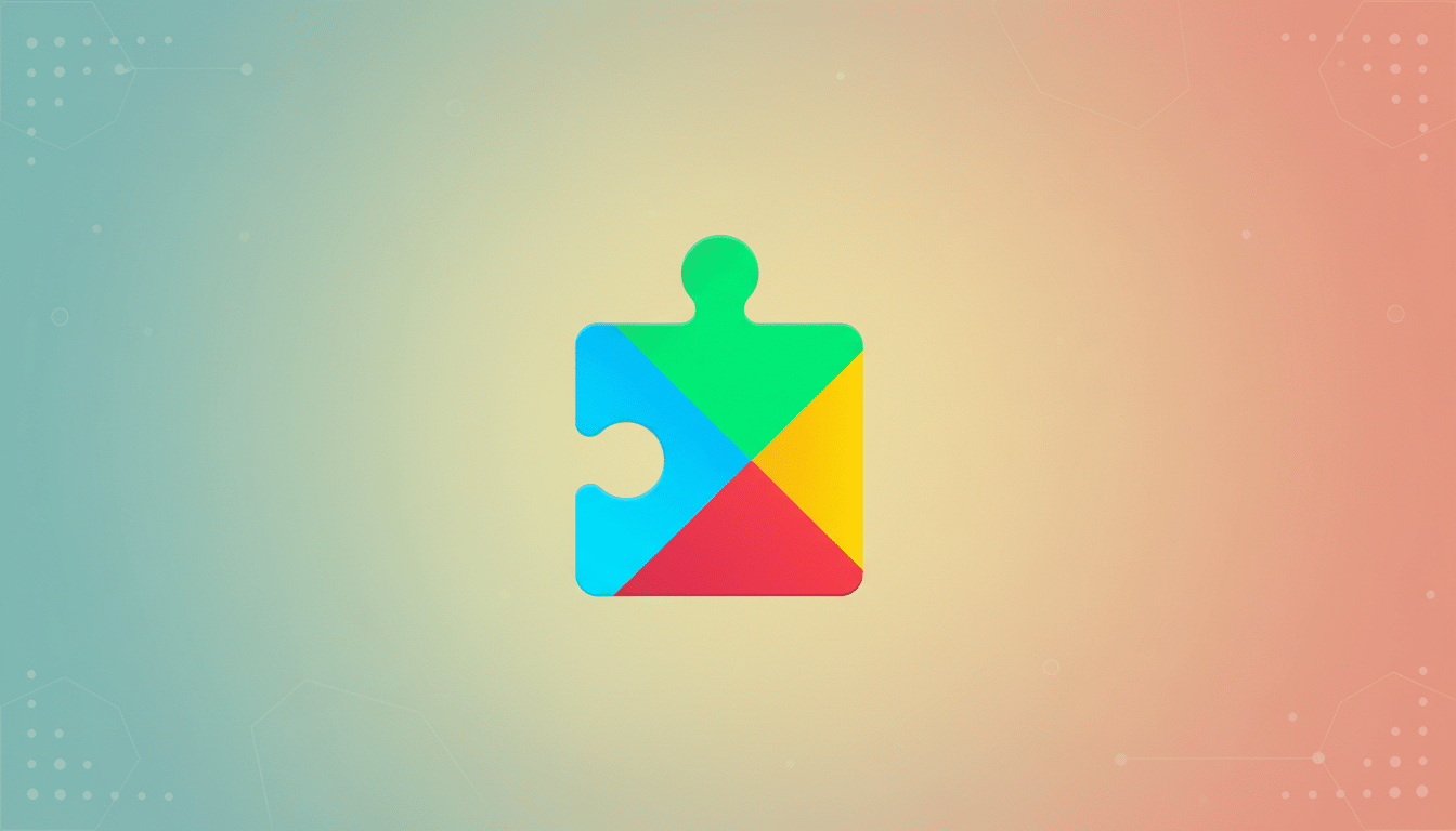 A colorful puzzle piece icon, divided into four sections of green, blue, yellow, and red, centered on a professional flat design background with a soft gradient from teal to peach and subtle geometric patterns.