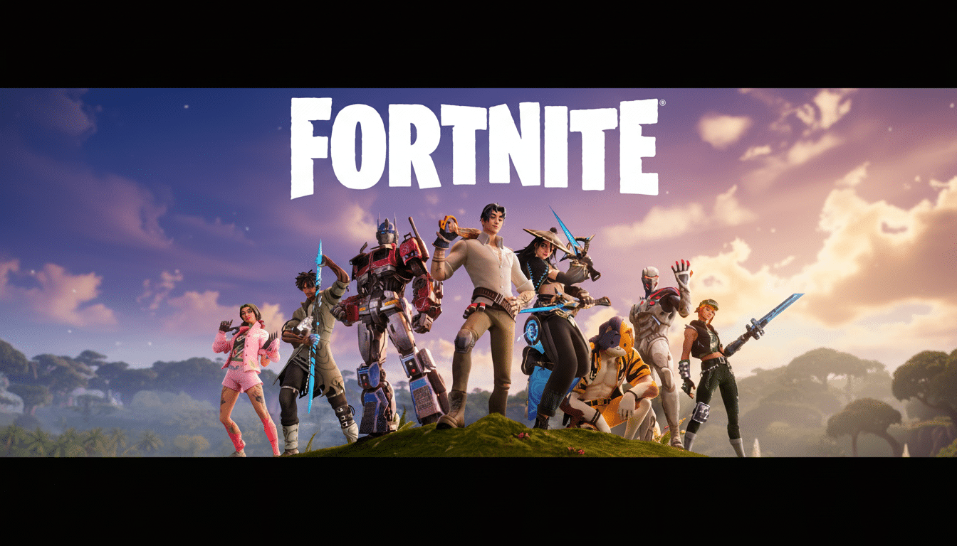 A wide shot of various Fortnite characters, including Optimus Prime, standing on a grassy hill under a dramatic sky with the Fortnite logo prominently displayed.