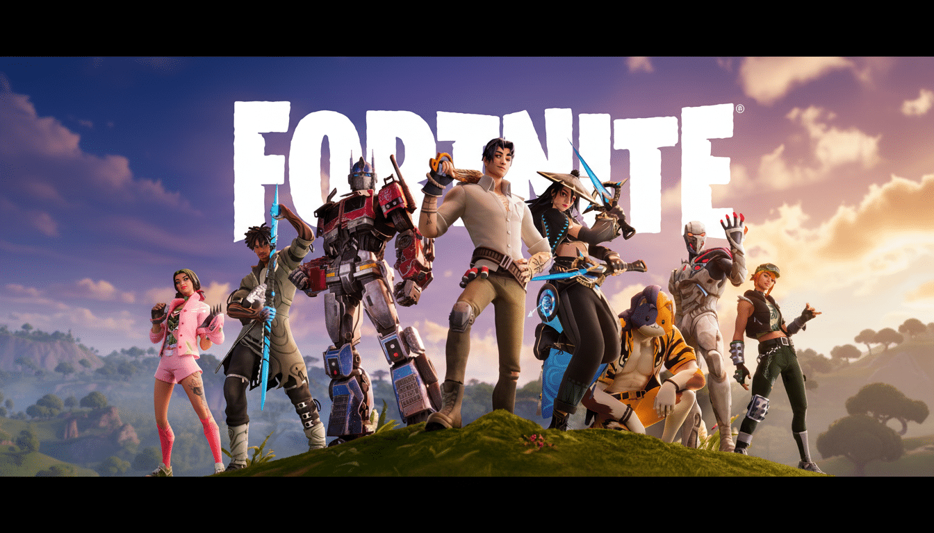 A group of diverse Fortnite characters, including Optimus Prime, standing on a grassy hill under a dramatic sky with the Fortnite logo prominently displayed.
