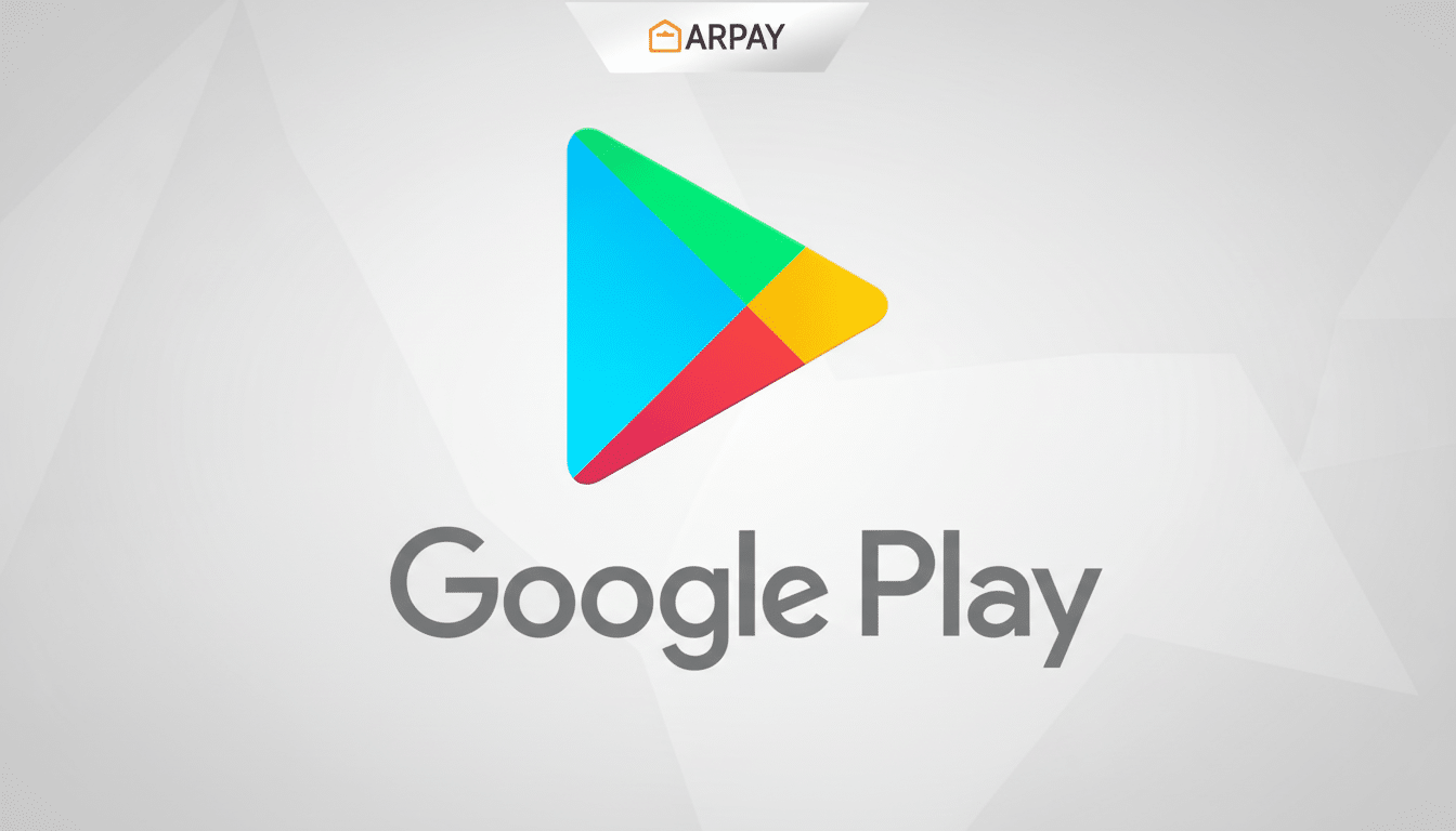 The Google Play logo and text on a professional flat design background with soft patterns, resized to a 16:9 aspect ratio.
