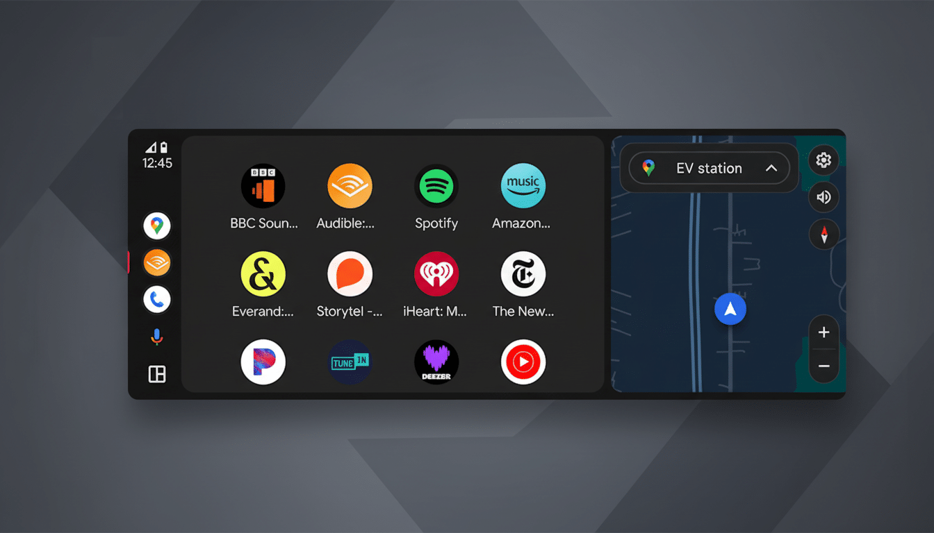 A screenshot of a cars infotainment system displaying various app icons and a navigation map, resized to a 16:9 aspect ratio with a professional flat design background.