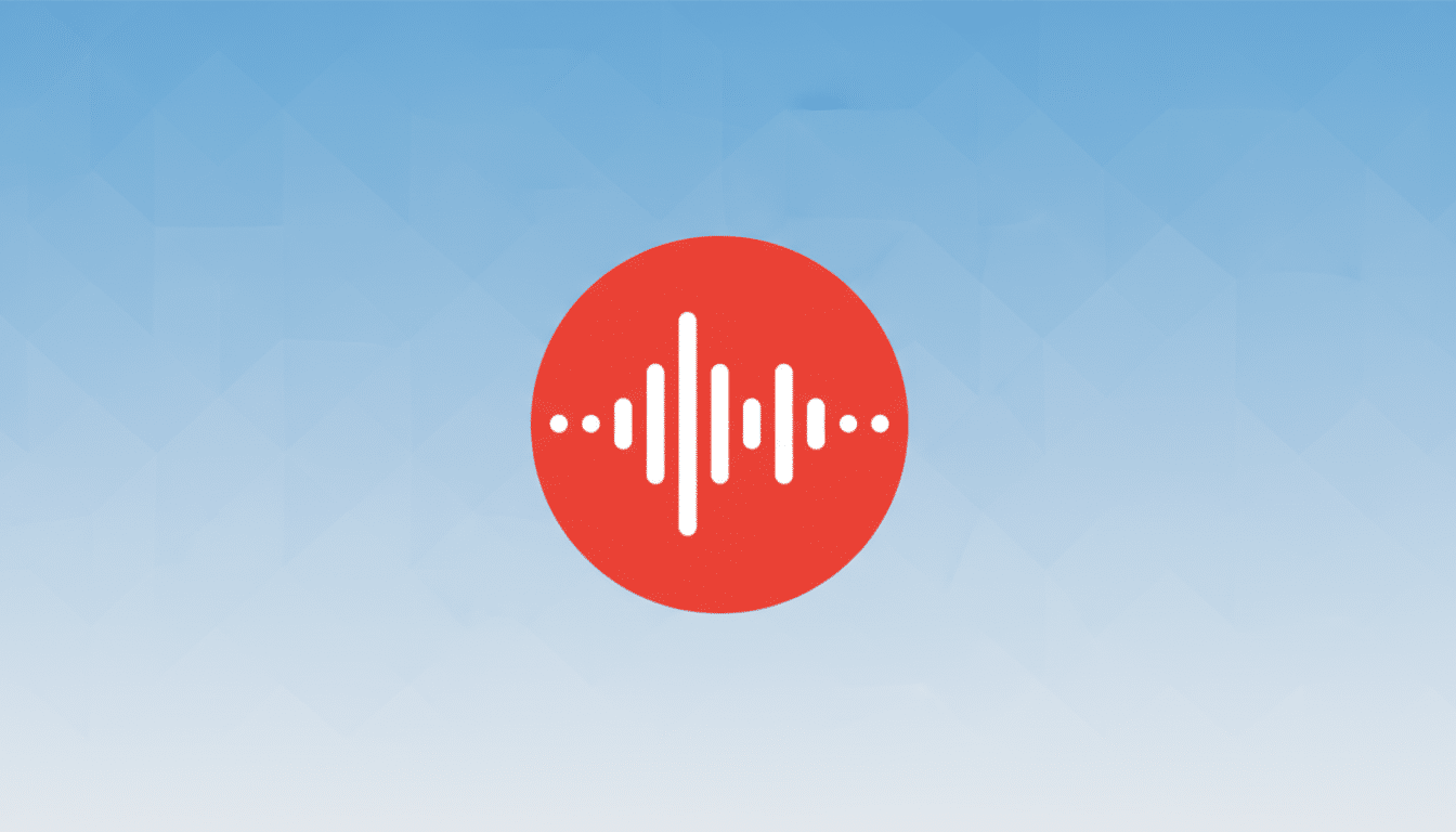 A red circle with a white sound wave icon in the center, set against a professional blue gradient background with a subtle geometric pattern.