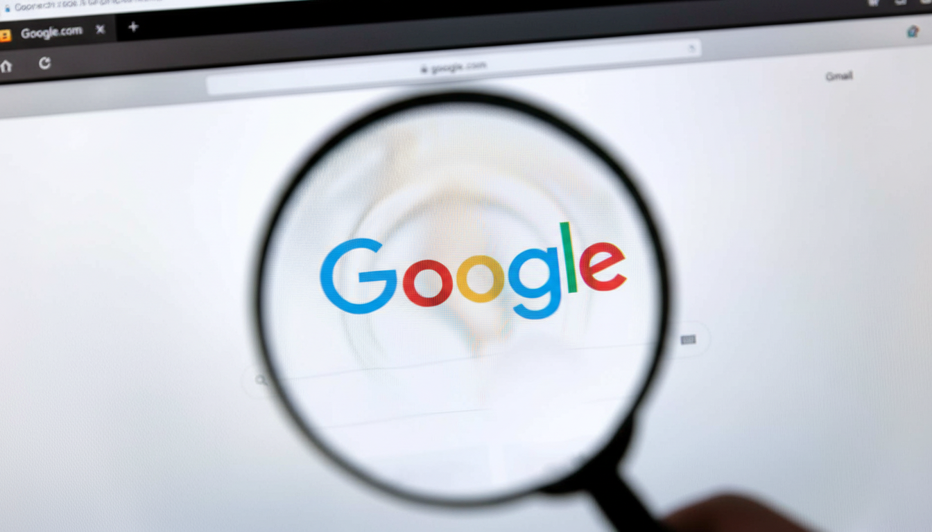 A magnifying glass held over a computer screen displaying the Google search page, with the Google logo prominently in focus.