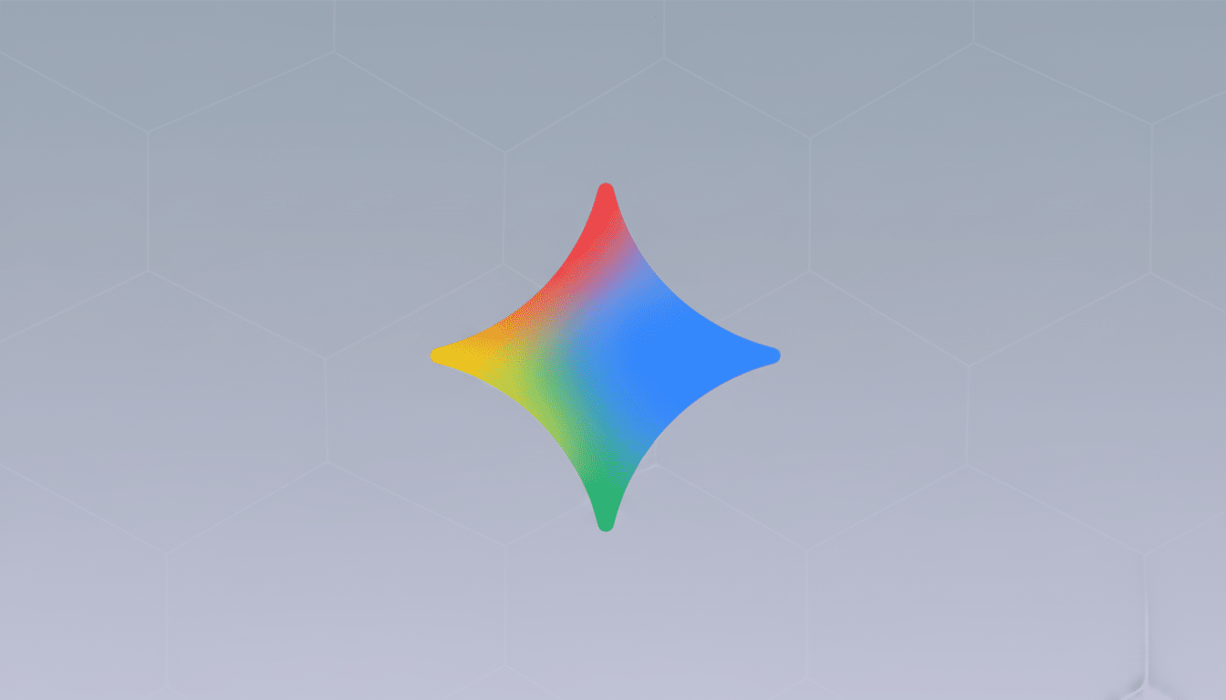 A colorful, star-like shape with a red, yellow, green, and blue gradient, centered on a light gray background with a subtle hexagonal pattern.