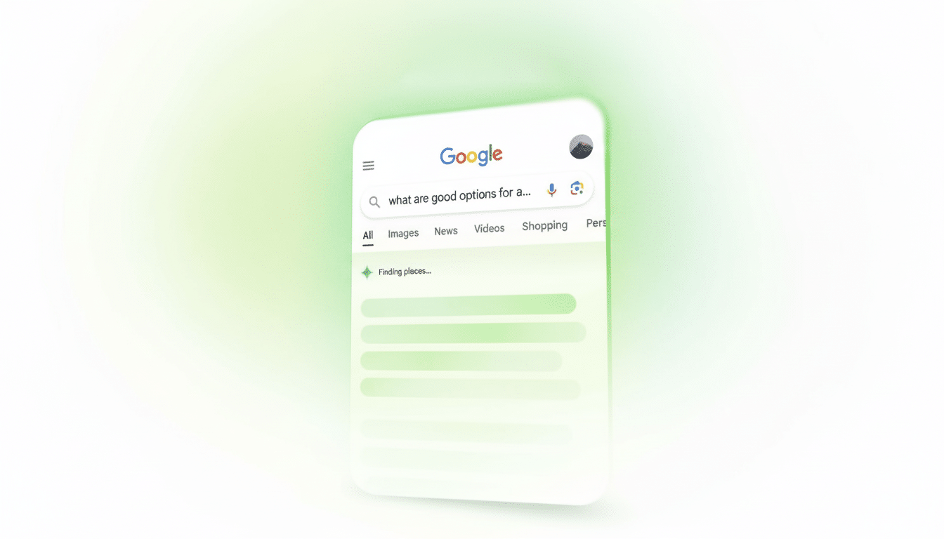 A Google search interface on a smartphone screen, displaying what are good options for a... in the search bar, with Finding places... and green loading bars below, set against a soft green and white gradient background.