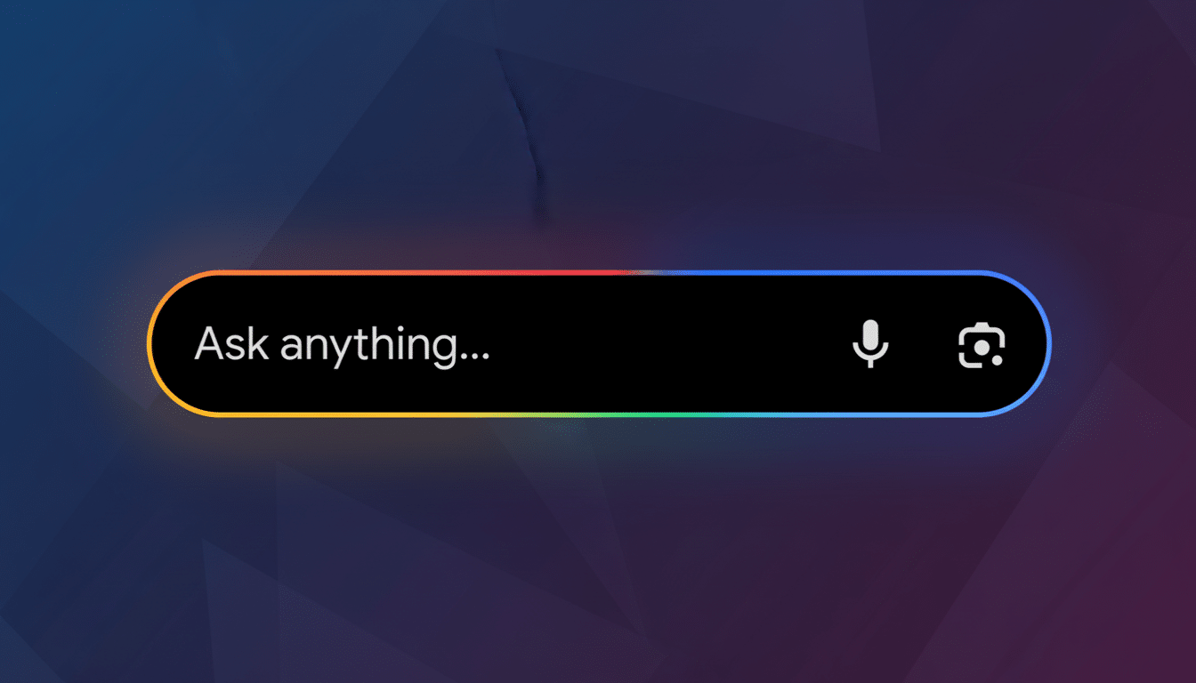 A search bar with Ask anything... text, a microphone icon, and a camera icon, set against a professional flat design background with soft patterns and gradients.
