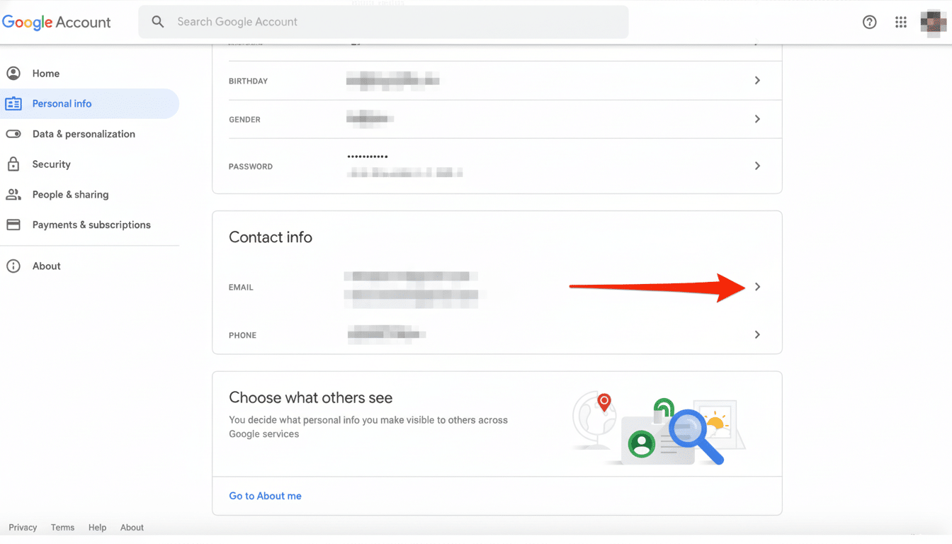 Google Account settings showing option to change Gmail address