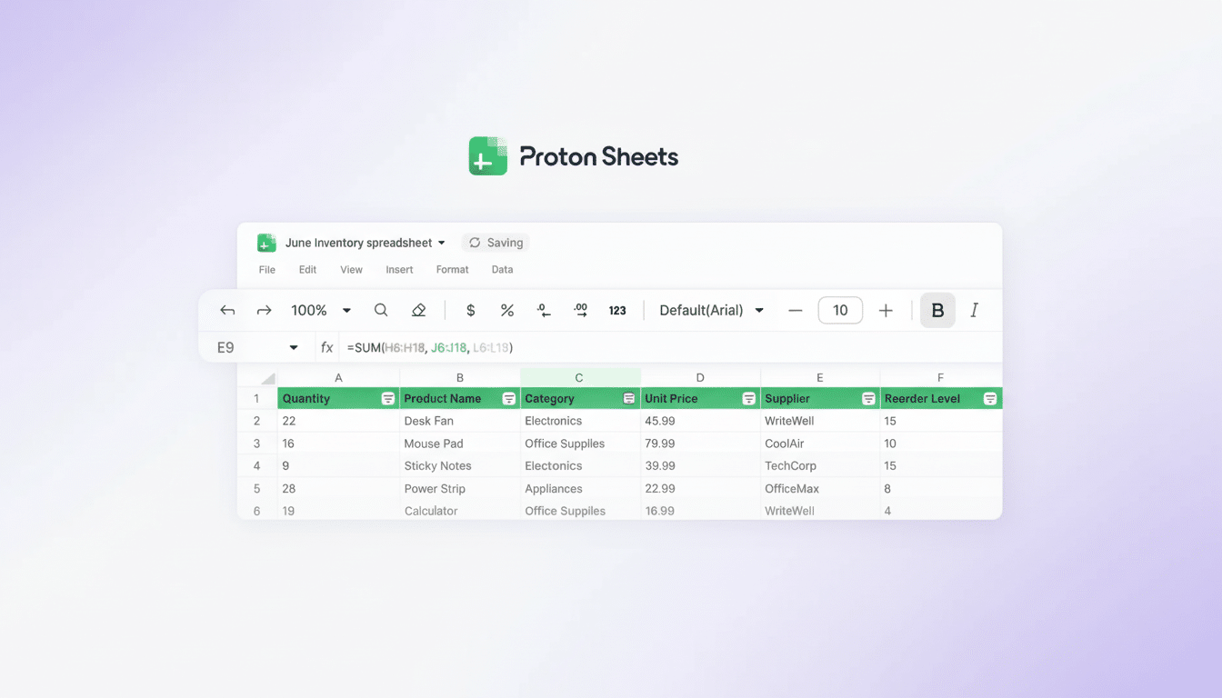 A screenshot of the Proton Sheets spreadsheet application, displaying an inventory spreadsheet with columns for Quantity, Product Name, Category, Unit Price, Supplier, and Reorder Level. The application interface is clean and modern, set against a soft gradient background.