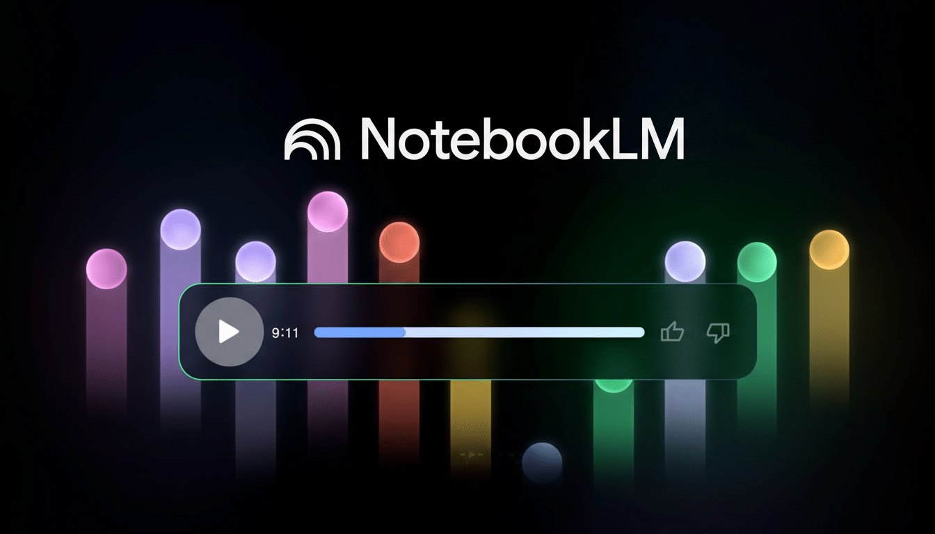 The NotebookLM logo is displayed above a media player interface with a play button, a timestamp of 9:11, a progress bar, and like/dislike buttons. The background features colorful, glowing vertical bars and spheres.