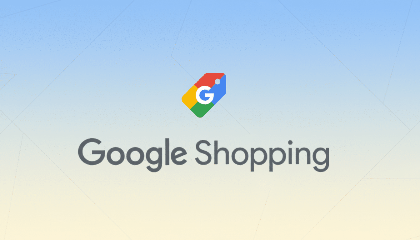 The Google Shopping logo and text on a professional flat design background with soft blue and yellow gradients and subtle geometric patterns.