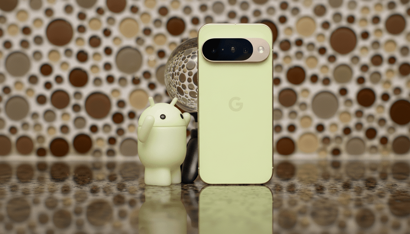 A light green Google Pixel 7 smartphone stands upright next to a small, light green Android robot figurine. The phones camera bar is visible at the top. The background features a tiled wall with a pattern of brown and beige circles.