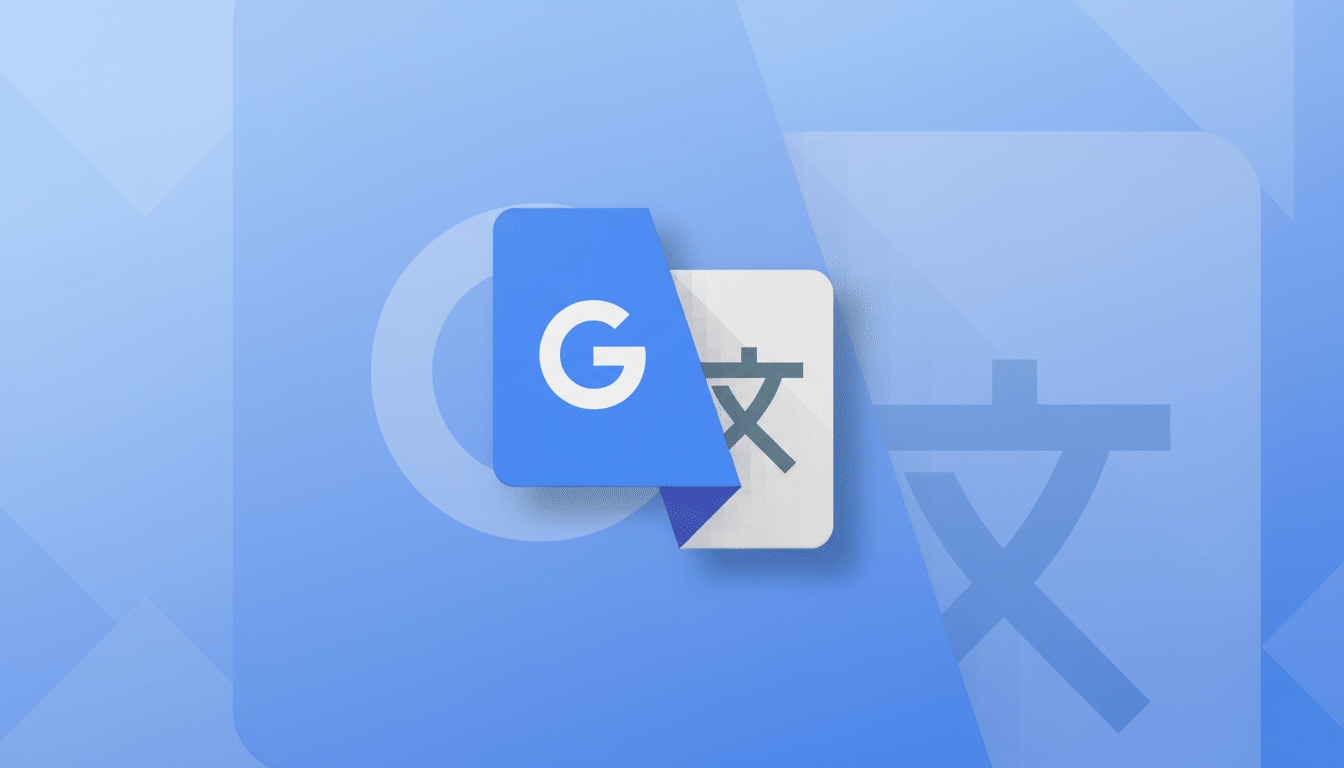 The Google Translate app icon, featuring a blue speech bubble with a white G and a white document with a stylized character, set against a professional blue background with subtle geometric patterns.