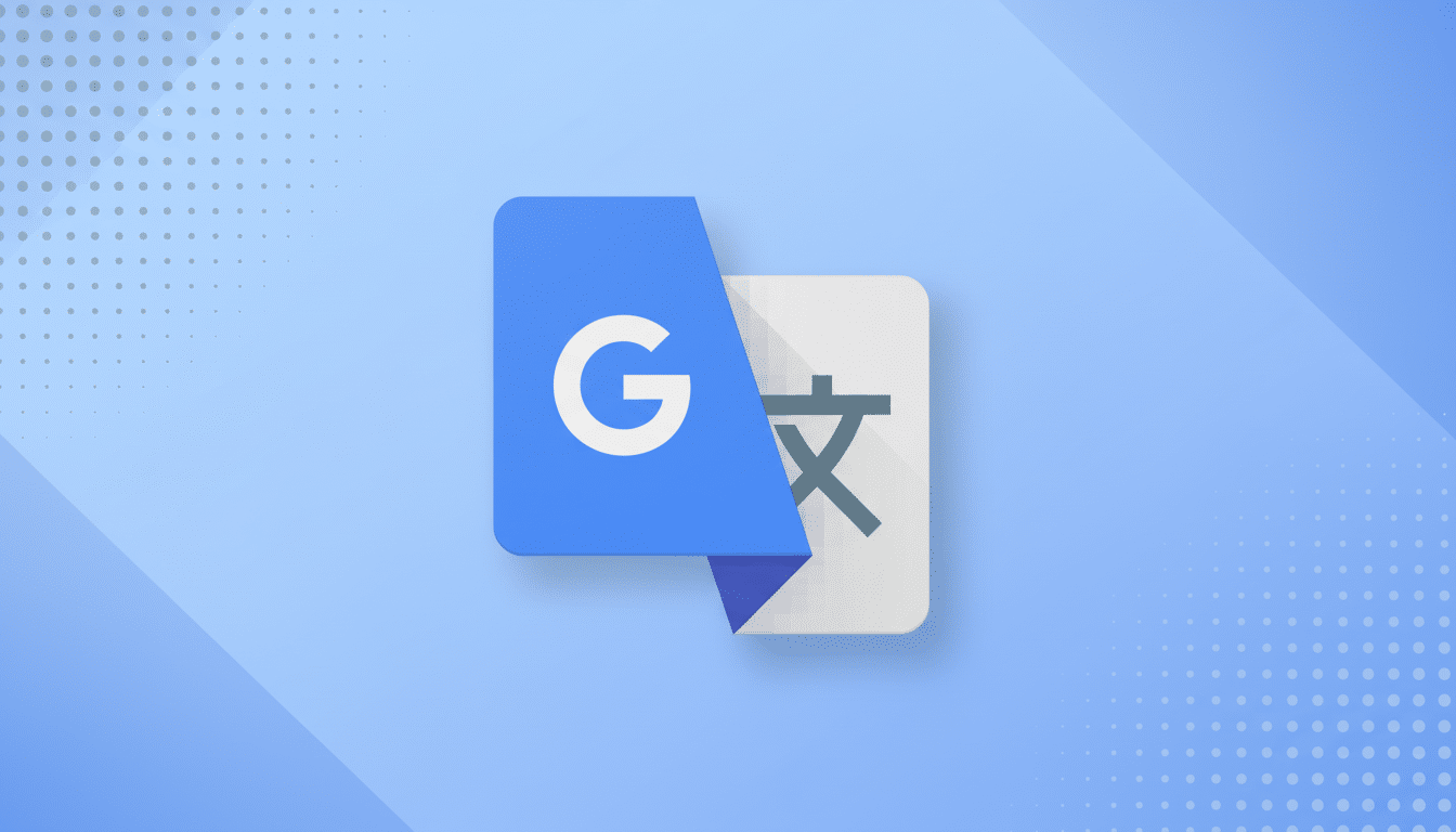 The Google Translate app icon is centered on a professional light blue background with subtle diagonal lines and faint dot patterns in the corners. The icon features a blue speech bubble with a white G and a white document icon with a stylized character, representing translation.