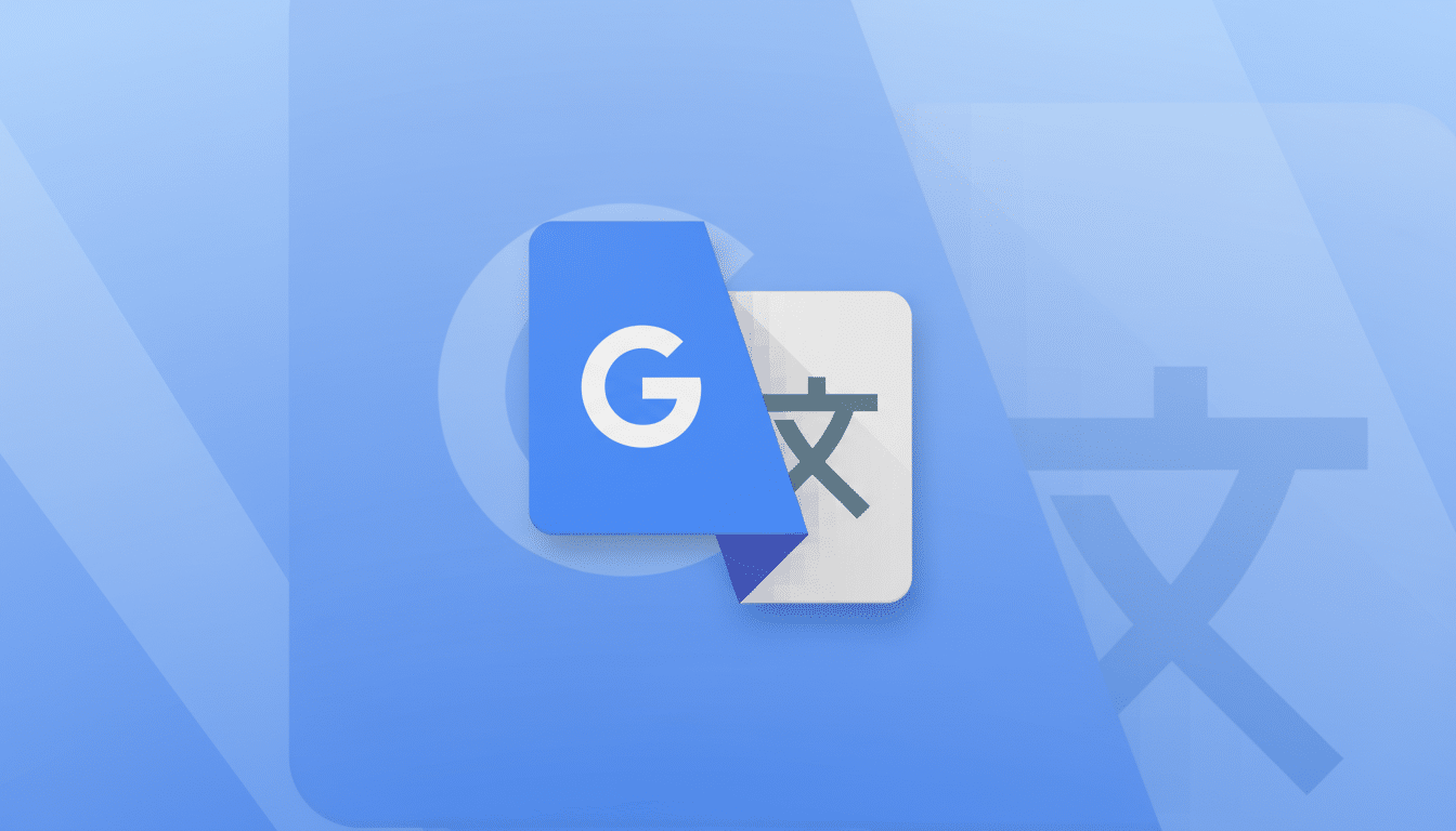 The Google Translate app icon, featuring a blue speech bubble with a white G and a white document icon with a stylized character, set against a professional blue background with subtle geometric patterns.