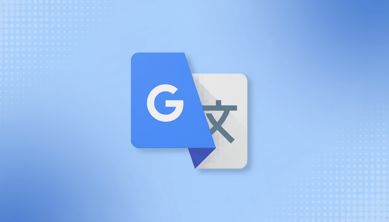 The Google Translate app icon is centered on a professional blue background with subtle gradient and dot patterns.