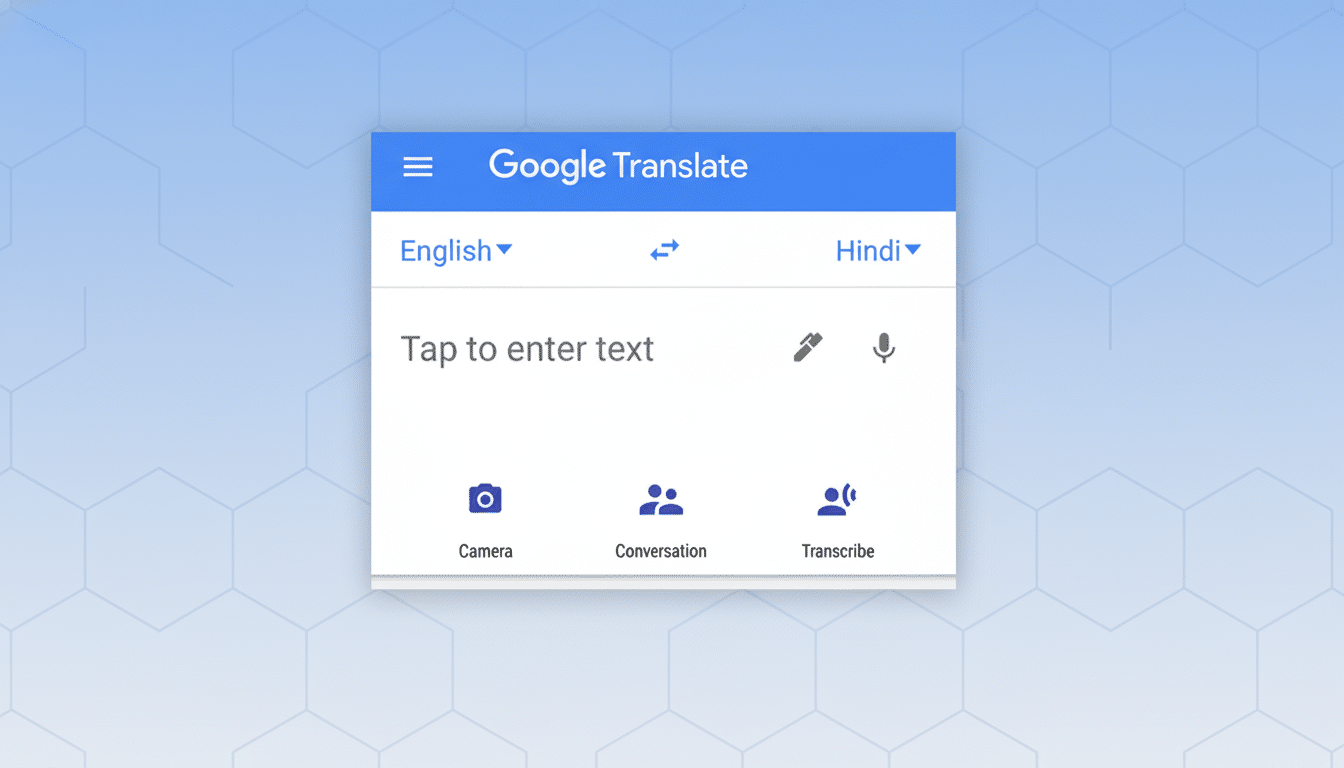 A professionally enhanced image of the Google Translate app interface, resized to a 16:9 aspect ratio. The apps main screen is centered, showing options for English and Hindi translation, a text input field, and icons for Camera, Conversation, and Transcribe. The background has been changed to a professional flat design with soft blue hexagonal patterns, while the app interface itself remains unchanged.
