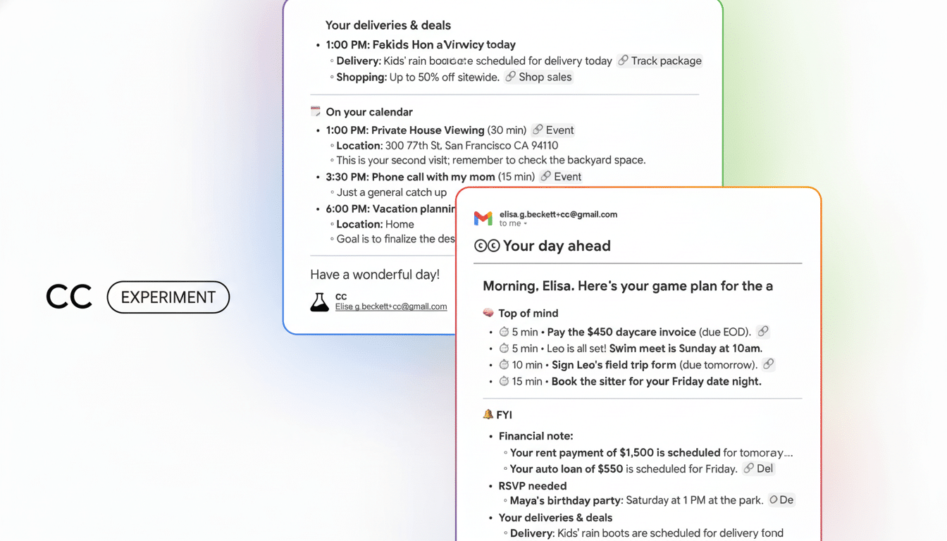 A screenshot of a calendar and email interface, with the email showing Your day ahead and a list of tasks and reminders. The calendar shows various appointments and events.