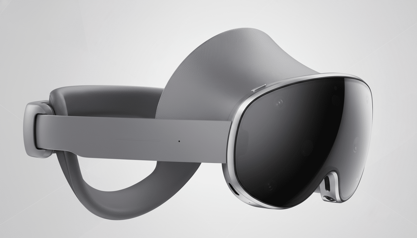 A professional, enhanced image of a gray Meta Quest Pro VR headset, resized to a 16:9 aspect ratio, with a subtle gradient background.