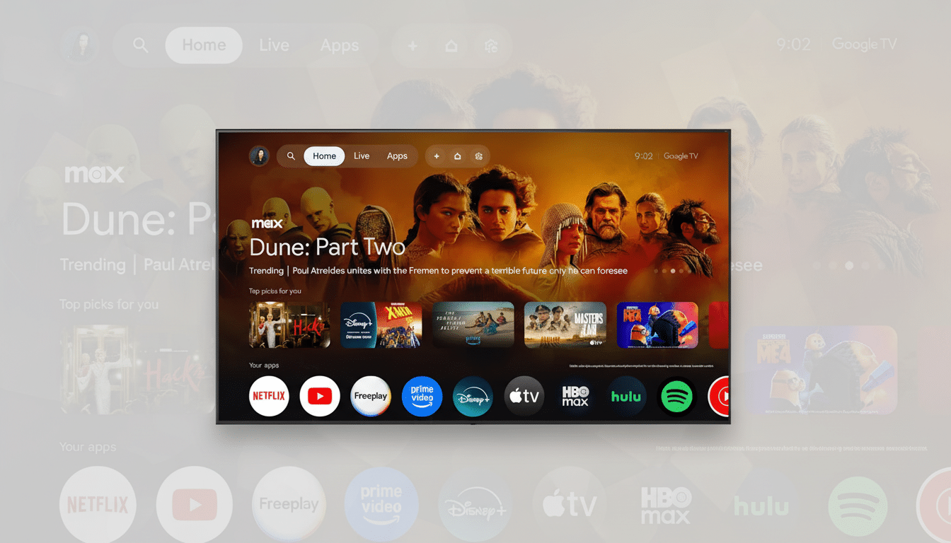 A television screen displaying the Google TV interface, featuring Dune: Part Two as the main trending content. Below, various streaming app icons like Netflix, YouTube, and Disney+ are visible. The background is a professional flat design with soft gradients.
