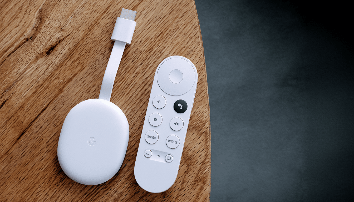 A white Google Chromecast with Google TV and its remote control resting on a wooden surface.