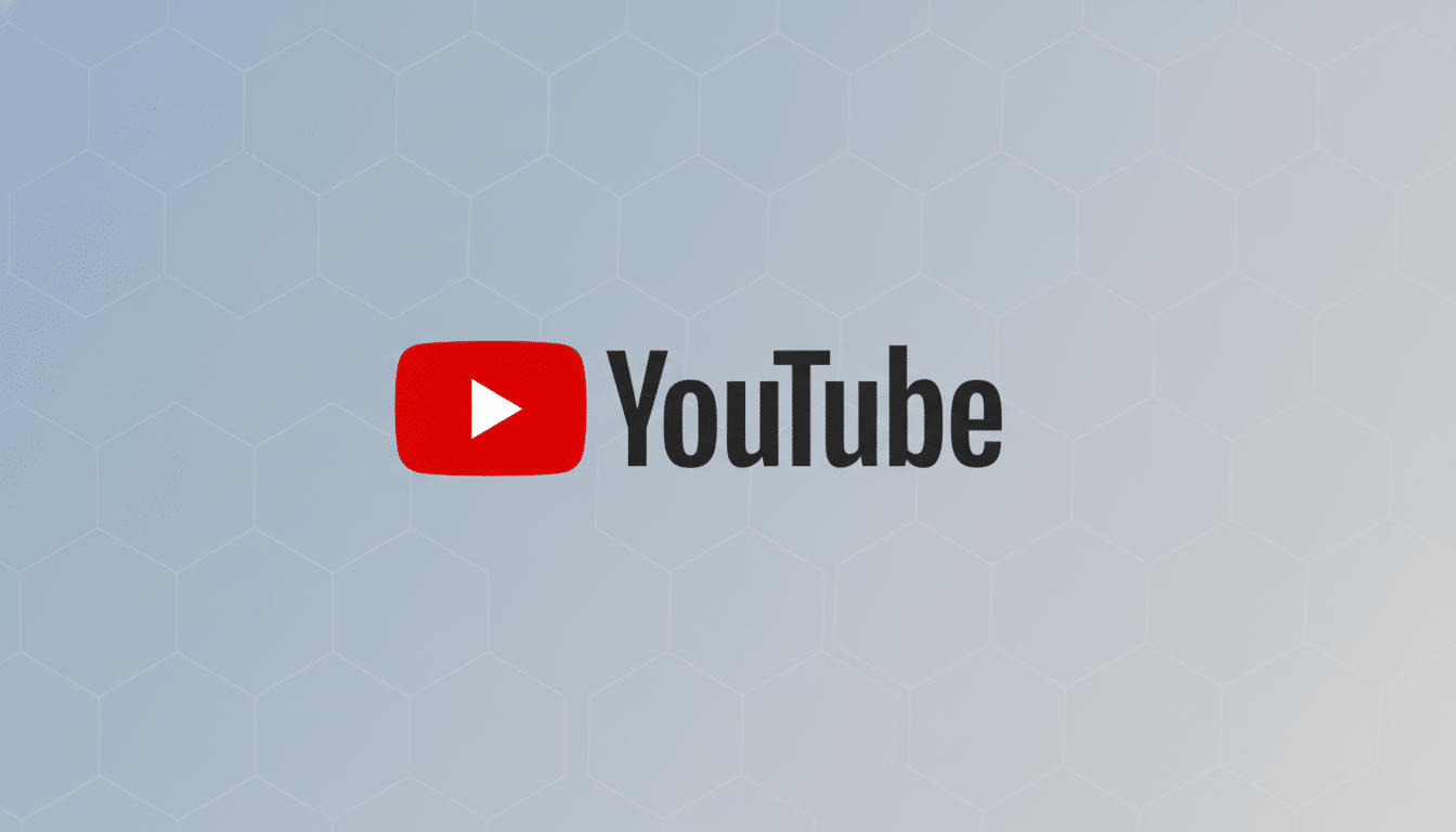 The YouTube logo, featuring a red play button icon next to the word YouTube in black text, centered on a professional flat design background with a soft blue-grey gradient and subtle hexagonal patterns.