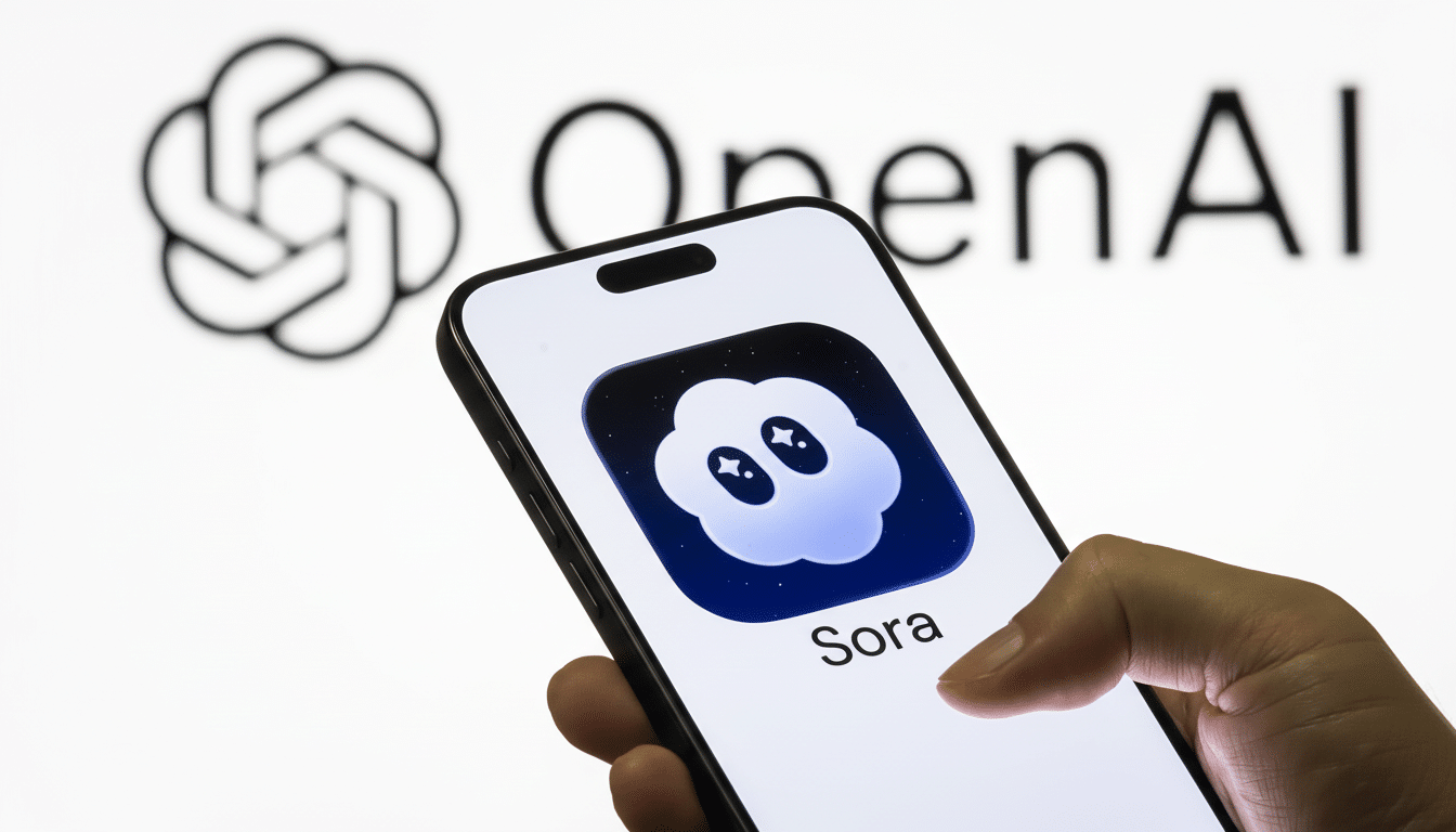 A hand holding a smartphone displaying the Sora app icon, with the OpenAI logo blurred in the background.