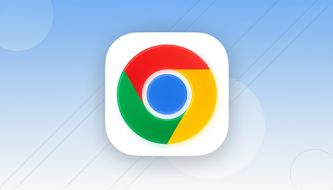 The Google Chrome logo, a red, yellow, and green circle with a blue center, is displayed on a white rounded square icon. The background is a professional flat design with soft blue and white gradients and subtle geometric patterns.