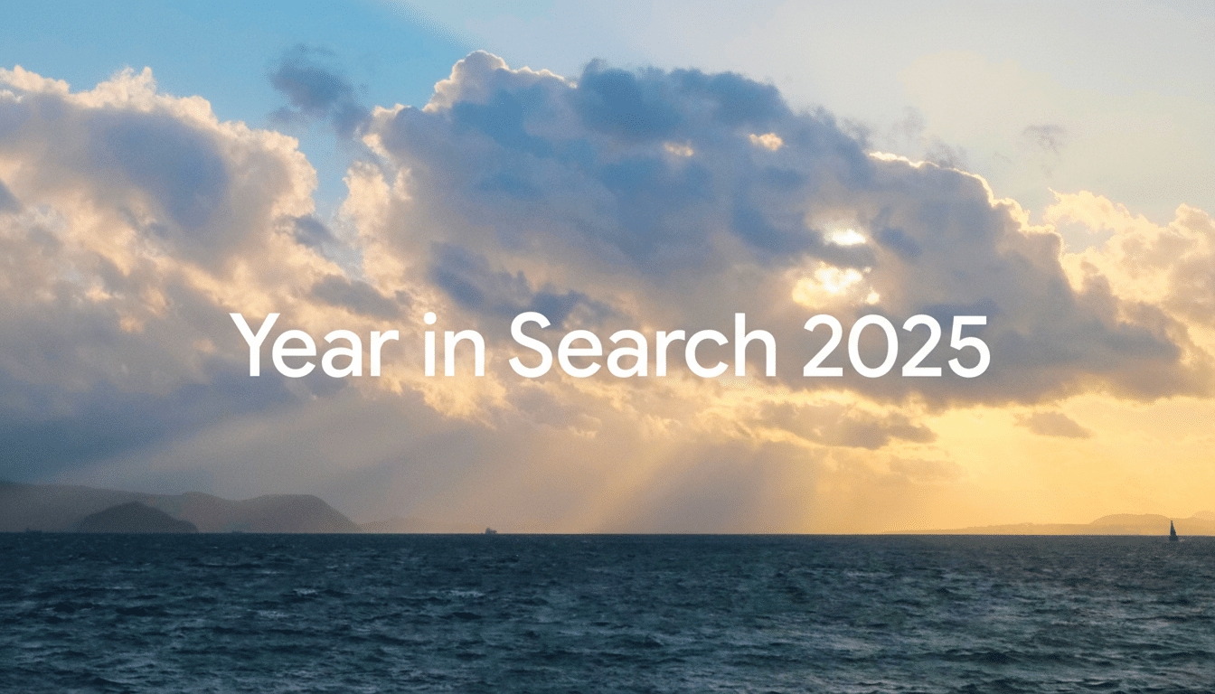 The text Year in Search 2025 is displayed in white against a dramatic sky with clouds and sun rays over a body of water with distant land.