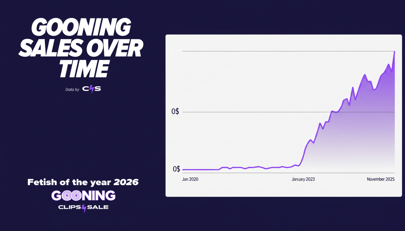 A graph titled Gooning Sales Over Time showing a significant increase in sales from January 2020 to November 2025, with a sharp rise starting around January 2023. The graph is presented on a dark purple background with text Fetish of the year 2026 GOONING CLIPS SALE at the bottom left.