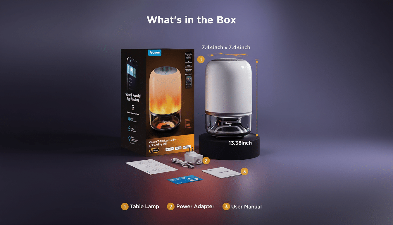 A Govee Table Lamp 2 Pro with JBL speaker, its packaging, power adapter, and user manual are displayed on a dark background with a subtle gradient. The image is titled Whats in the Box and highlights the lamps dimensions.