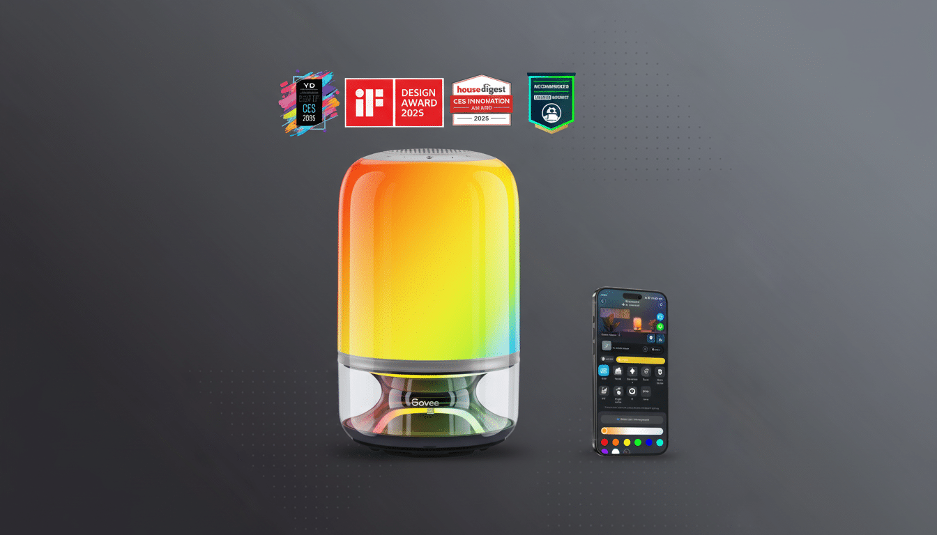 A Govee smart lamp displaying a rainbow gradient, accompanied by a smartphone showing its control app, and various design awards, all presented on a professional dark gray background with subtle patterns.