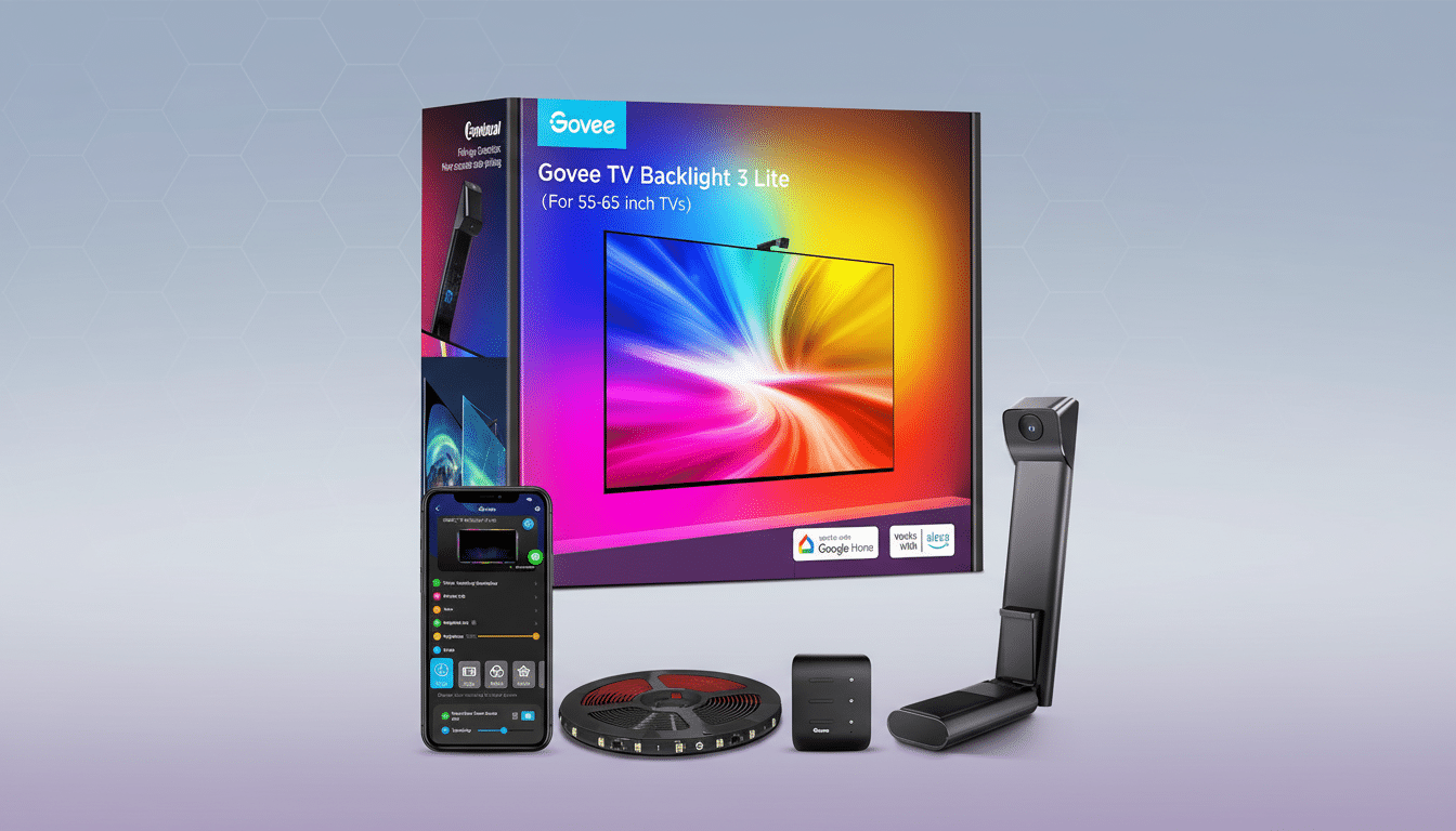 A Govee TV Backlight 3 Lite product shot, featuring the product box, a smartphone displaying the control app, an LED light strip, a control box, and a camera, all arranged on a professional flat design background with soft patterns and gradients.