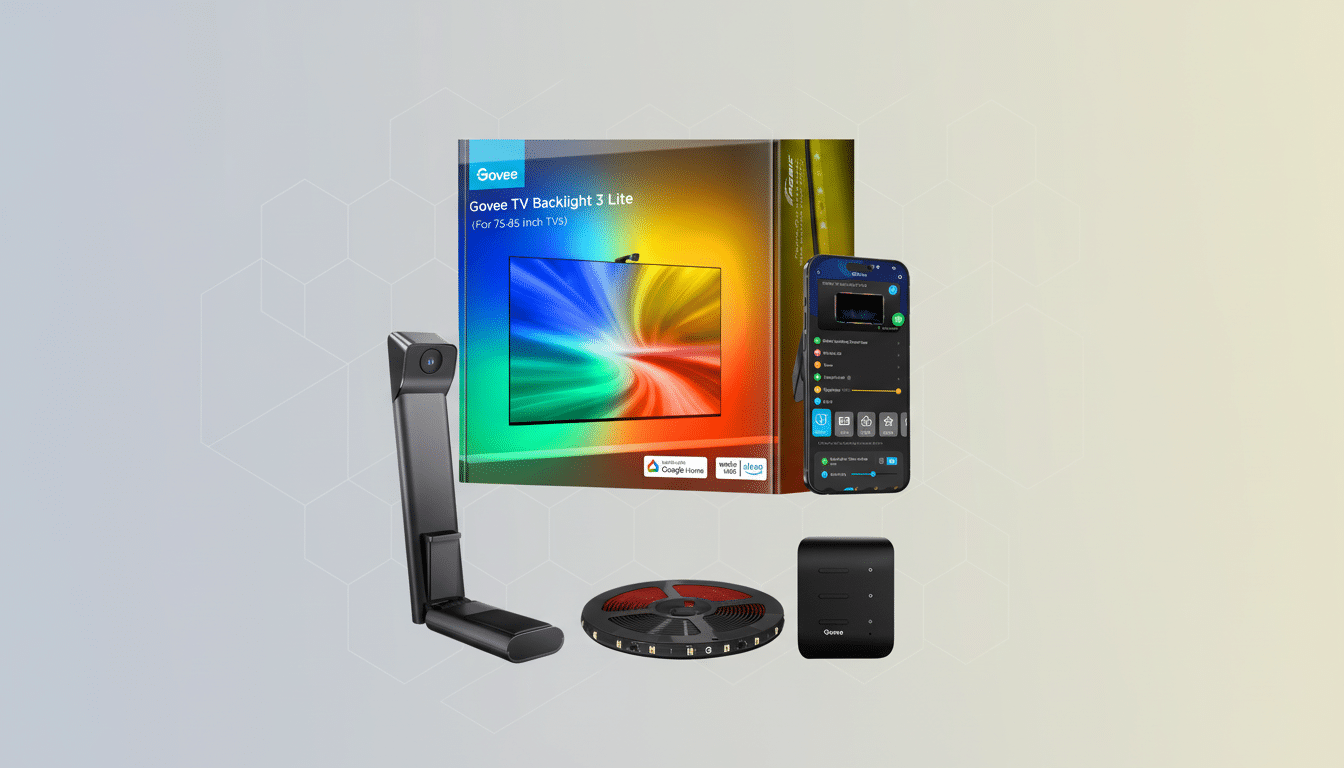 A Govee TV Backlight 3 Lite product set, including a camera, LED light strip, control box, and a smartphone displaying the Govee app, all arranged on a professional flat design background with soft patterns and gradients.