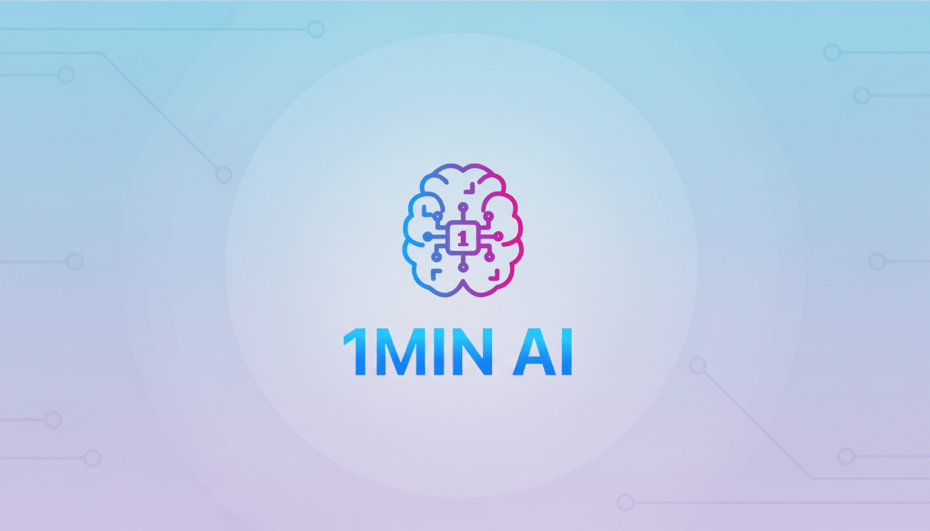 The 1MIN AI logo, featuring a stylized brain with a circuit board design and the number 1 at its center, is presented on a professional flat design background with soft blue and purple gradients and subtle circuit-like patterns.